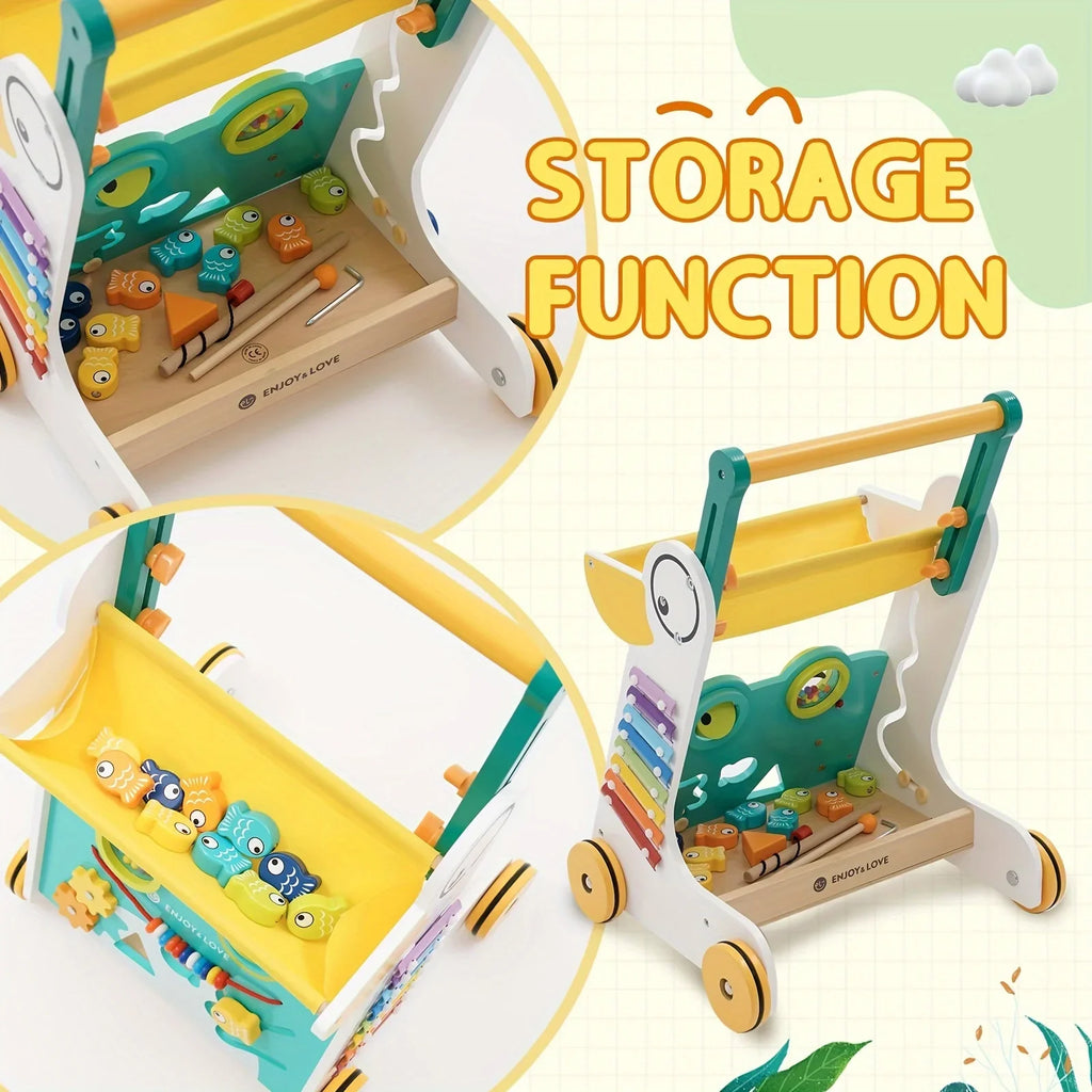 Multiple for Baby Learning Baby Infants Kids Activity Push Toddler Walker Along Toy Entertainment Sit-to-Stand Wooden Boys Push Walker Girls Trolley Sorter Shape with Fishing Center Xylophone