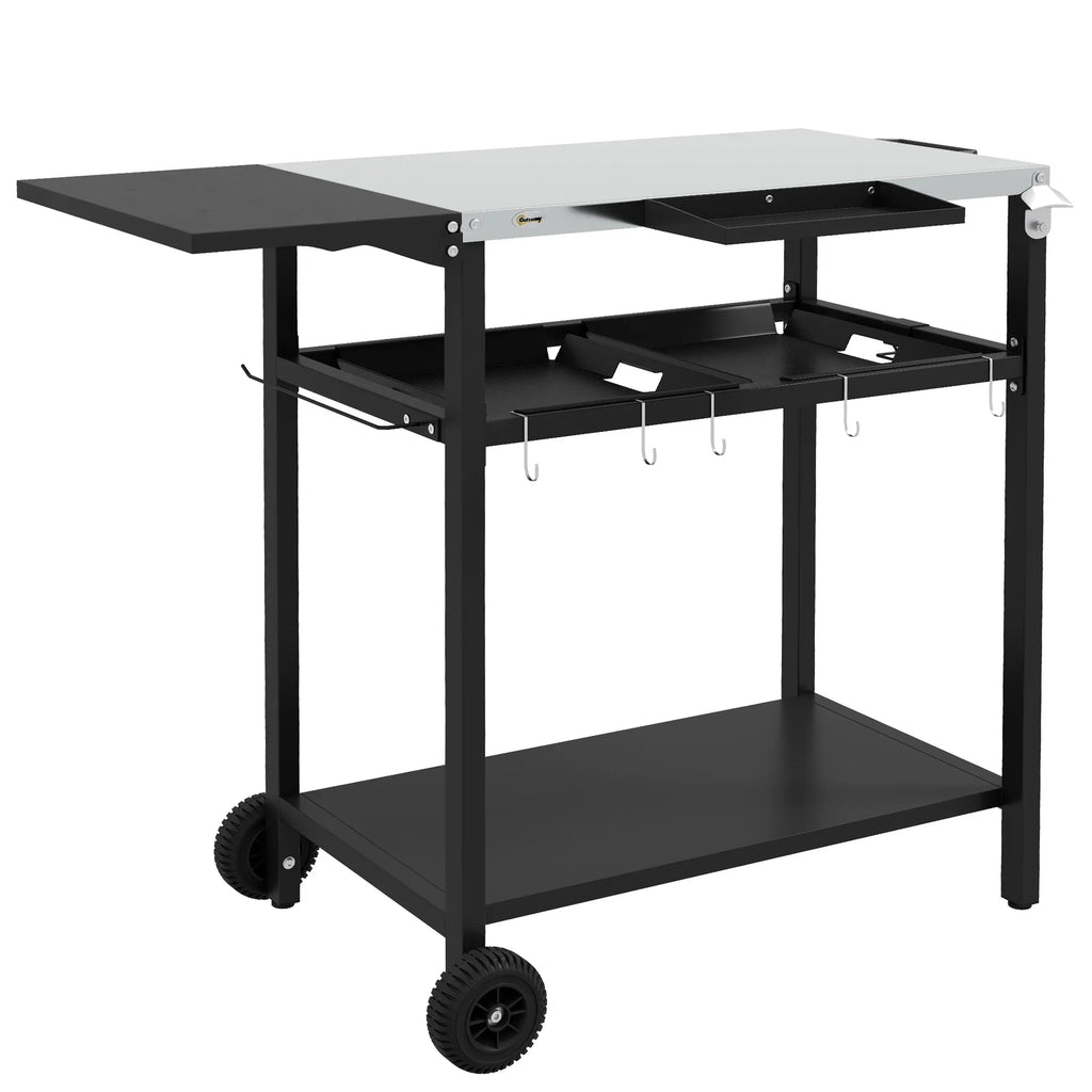 & & Tabletop, Shelf, Wheels, Bag Jars, with Outdoor Serving Hooks, Patio with Tiers Garbage with Island Cart 2 Spice Kitchen Seasoning Plates Stainless Towel Black & Bar Cart Holder, Steel