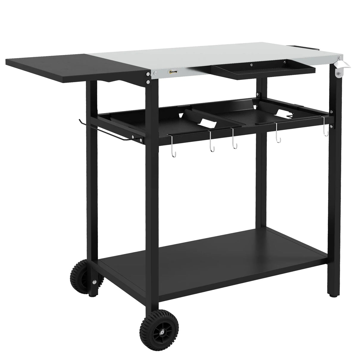 & & Tabletop, Shelf, Wheels, Bag Jars, with Outdoor Serving Hooks, Patio with Tiers Garbage with Island Cart 2 Spice Kitchen Seasoning Plates Stainless Towel Black & Bar Cart Holder, Steel