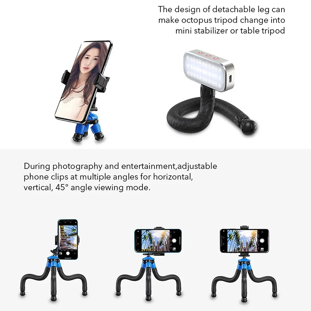 Mobile Phone Max Clip -JJ07 Foldable Travel Tripod Load Camera Portable Flexible Fits Detachable GoPro Octopus with Mini Tripod with Phone 3kg