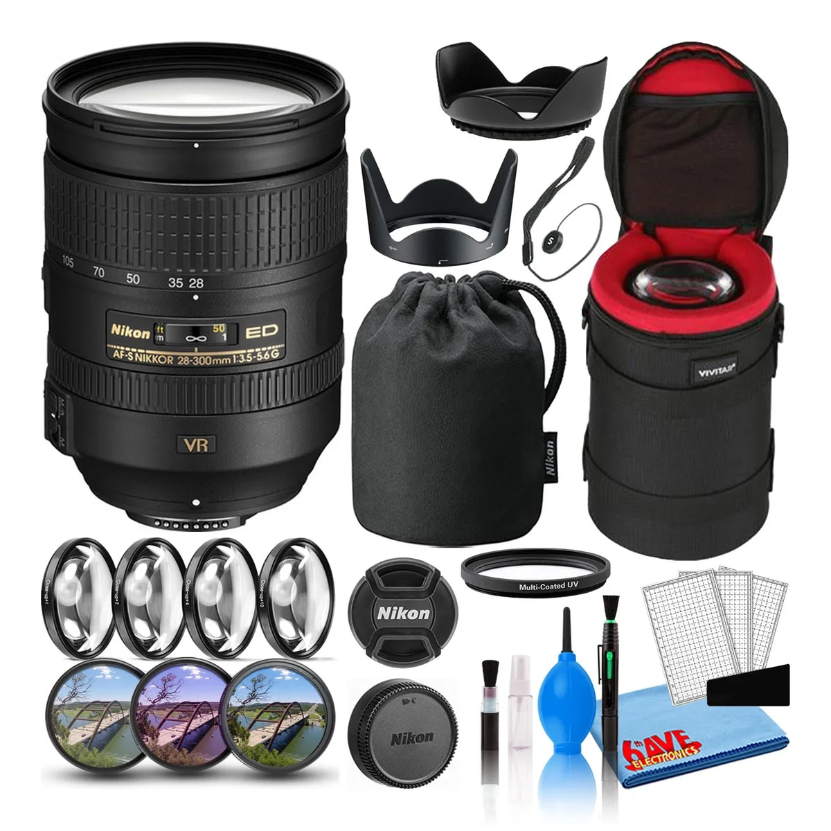 Cap + Lens Nikon Case Kit Intl Kit Filters Cleaning Tulip + Padded + Lens Hood Lens with + 28-300mm Keeper -S Lens Macro Filter , , + (2191) f/3.5-5.6G