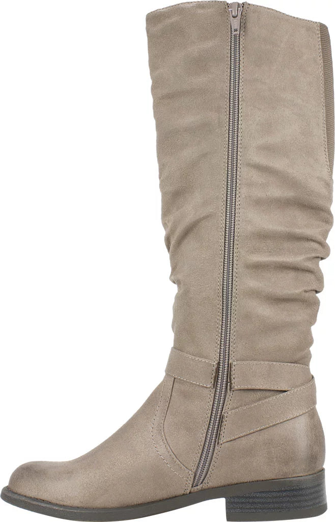 Womens M Accent Boot Beige Gore Liona Riding Round Cushioned 5 Wide Stretch Toe Buckle Ruched Zip-Up Studded Calf Block Heel