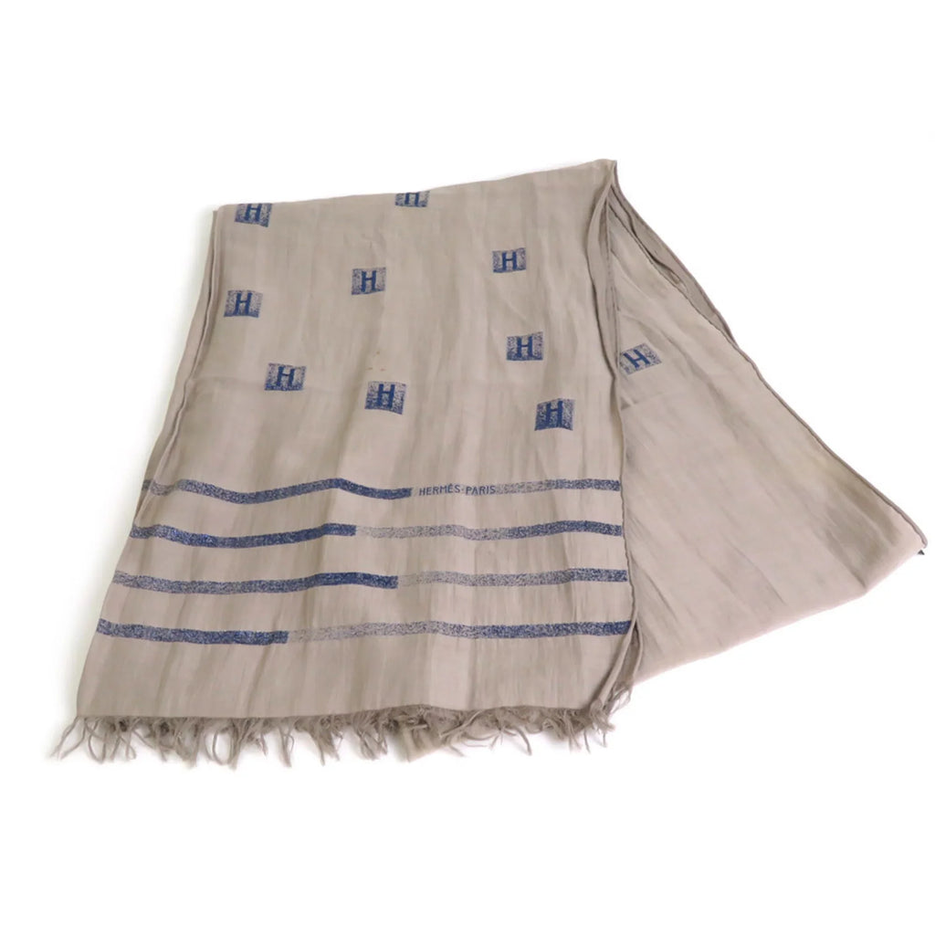 H Cotton/Silk/Polyester Pre-Owned Shawl Logo Greige/Blue (Good) Hermes Unisex Scarf e55881a