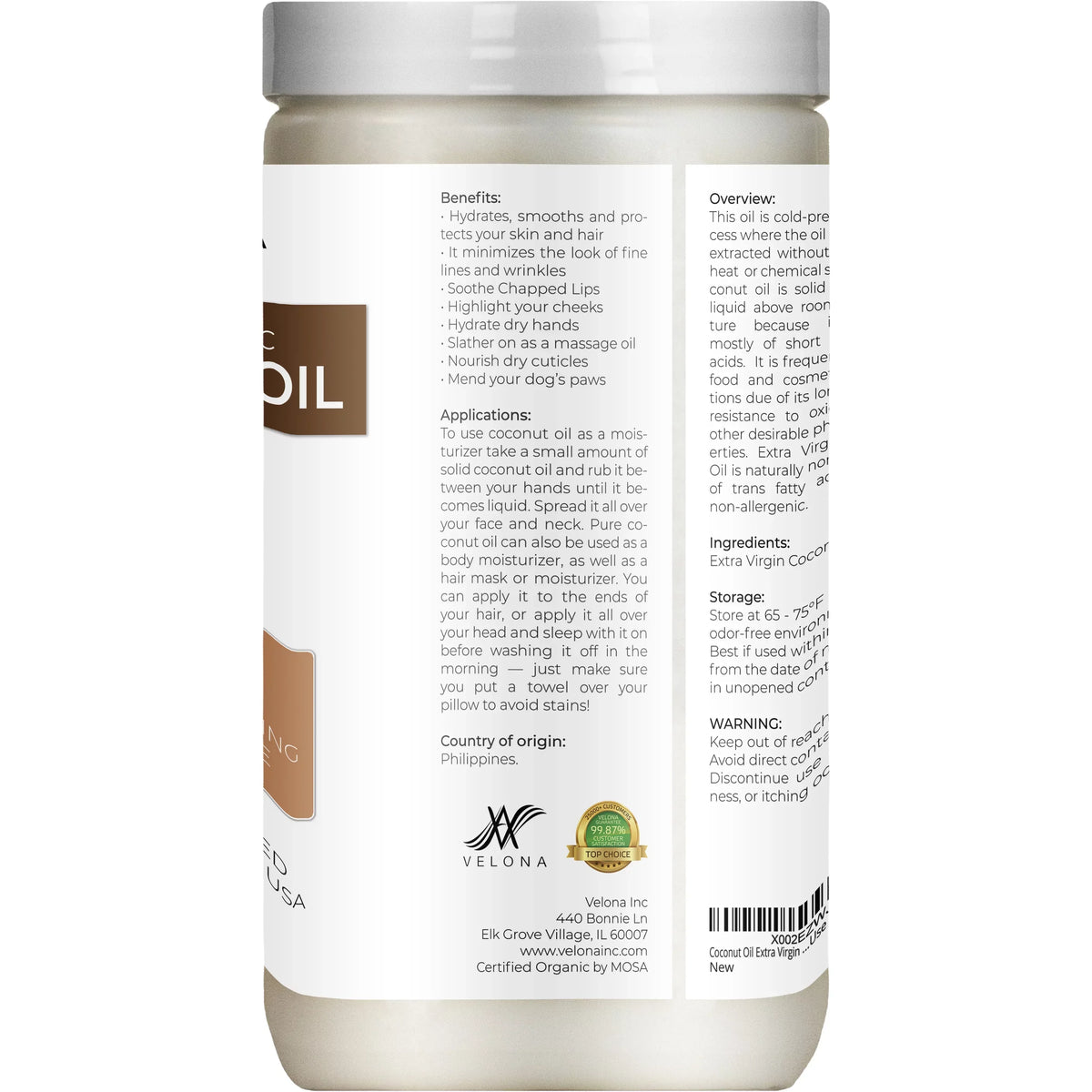 oz Food Skin, - Face, Certified in Hair Cold Body, Virgin, Extra Grade | Extra Organic | Oil Results Care Enjoy | 64 Velona Cosmetic and jar Coconut - Today Use Virgin | Pressed |