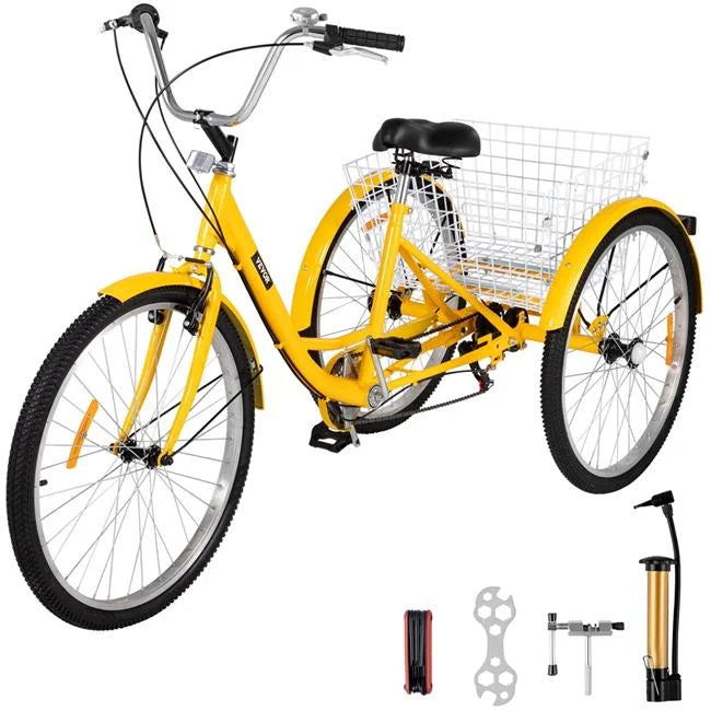 with Large for Basket 3 in. 7-Speed Wheel Tricycle Bike Yellow Vevor Riding Trike Adult Bicycle 24