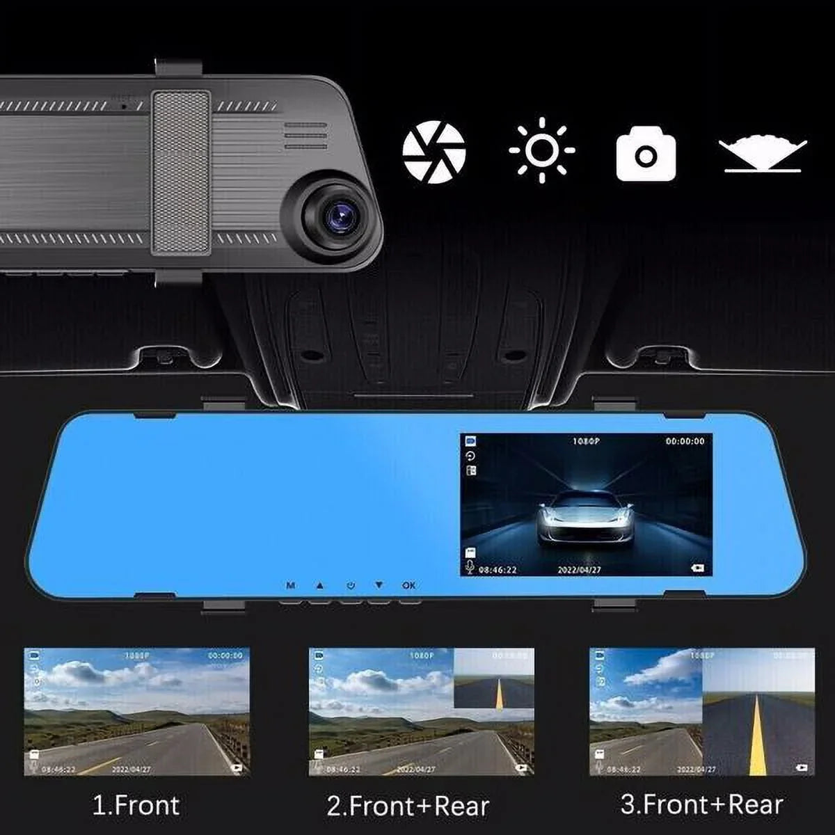 1080P Video Car Cam Camera Fithood Mirror Dash Rearview Rear Recorder Front Dual
