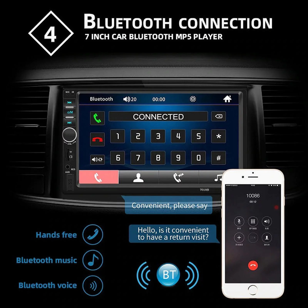 with Backup Link Radio with Audio MP5/4/3 7-inch Function Mirror Polarlander Multimedia Car Double Car Camera Screen Stereo Car Din Bluetooth Touch Player 4LED