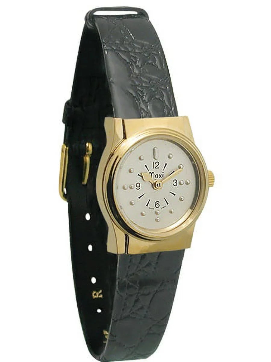 with Leather Watch Ladies Gold Band Quartz Braille Tone