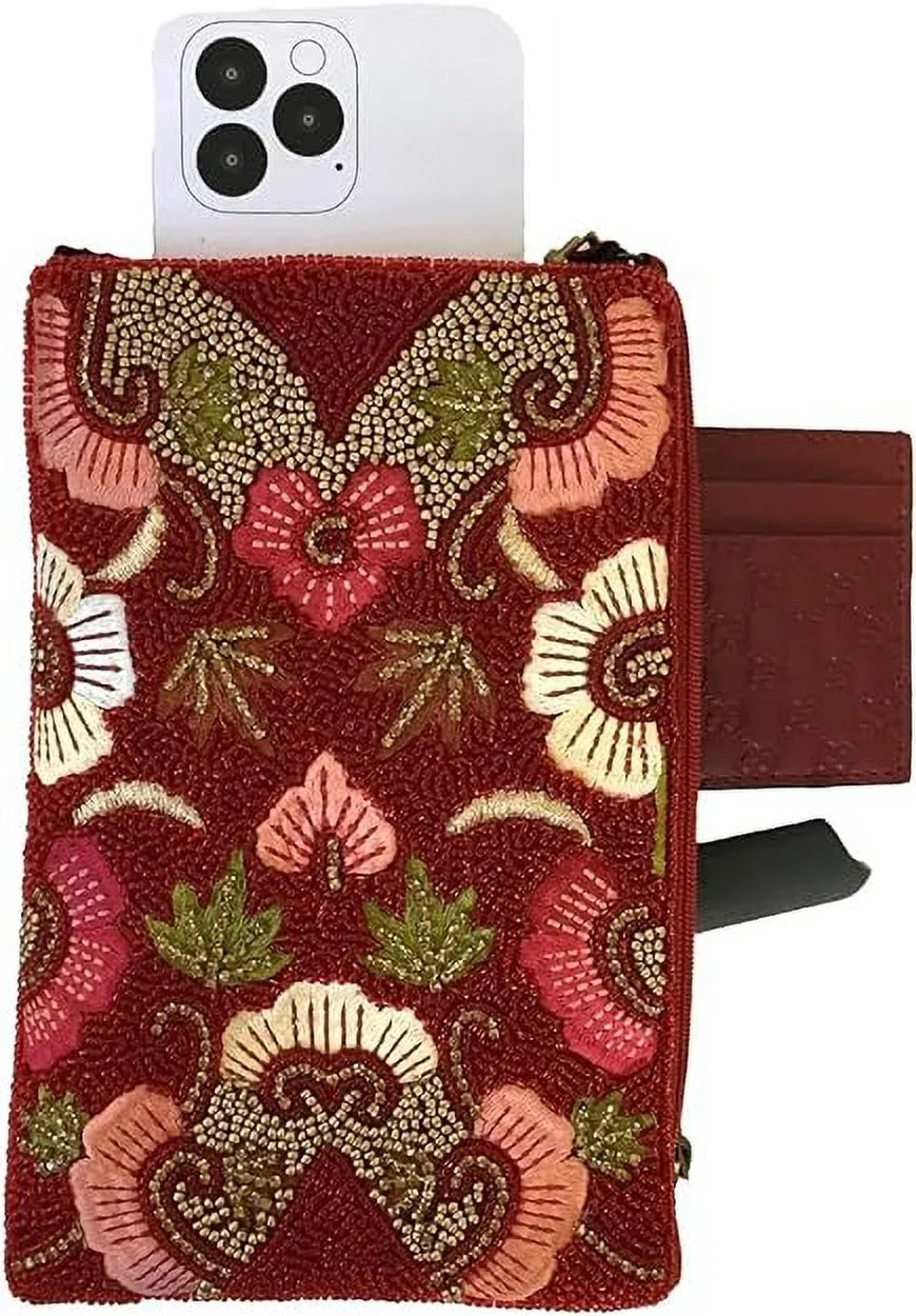 Bloom Floral Bag Phone Red Multi Crossbody, Ruby Club Beaded