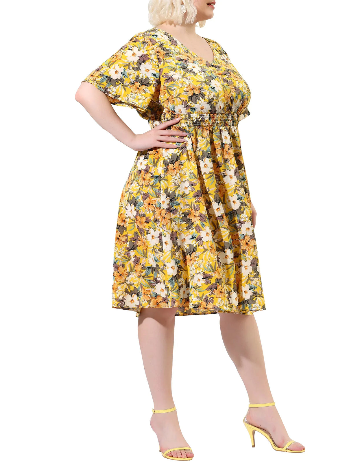 3X Plus Print V Neck Yellow Casual Sleeve Midi Juniors' Dress Flare Floral