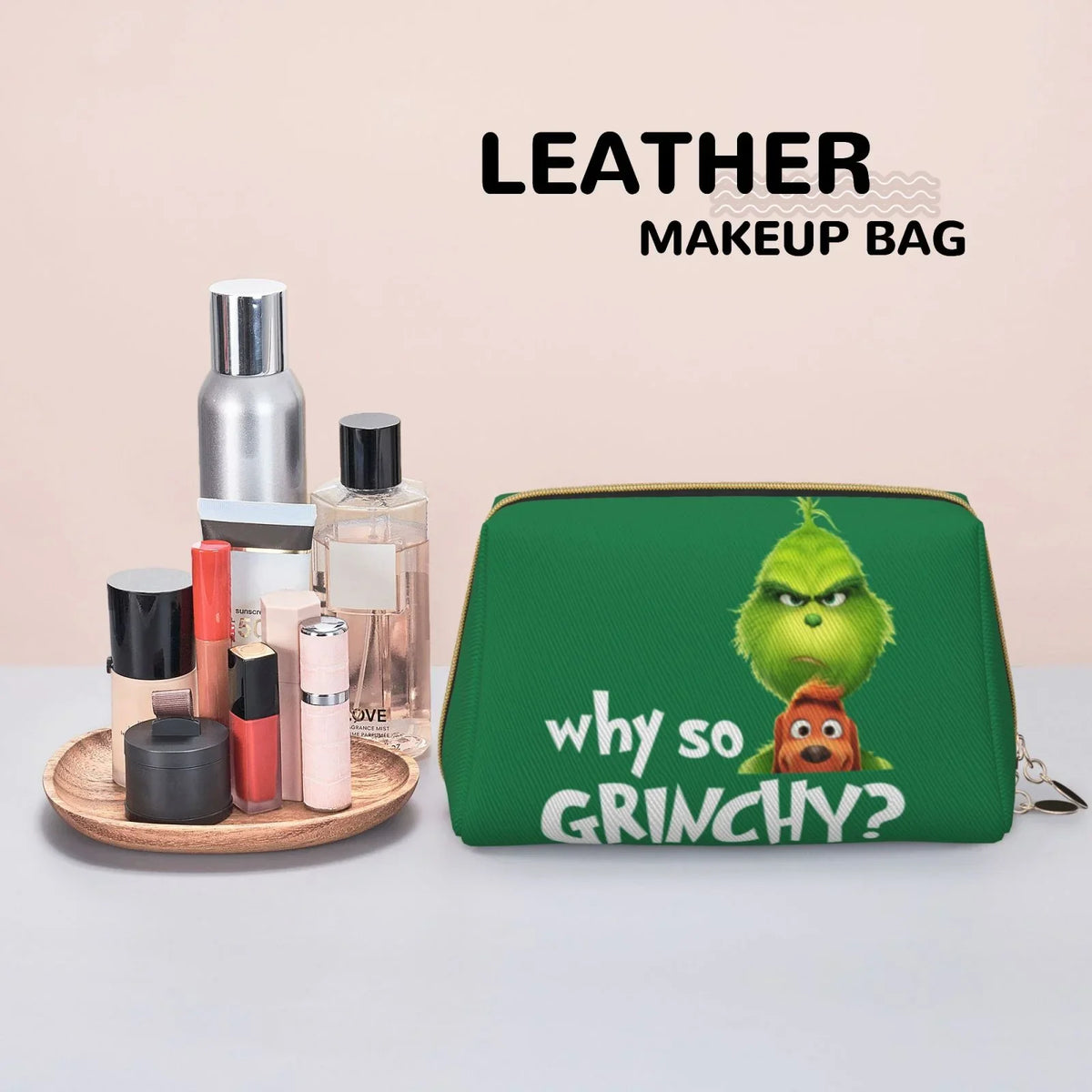 Travel Toiletry Funny Bag Makeup Purse Gift Pouch Leather Cosmetic Organizer Portable Bag Grinch Storage