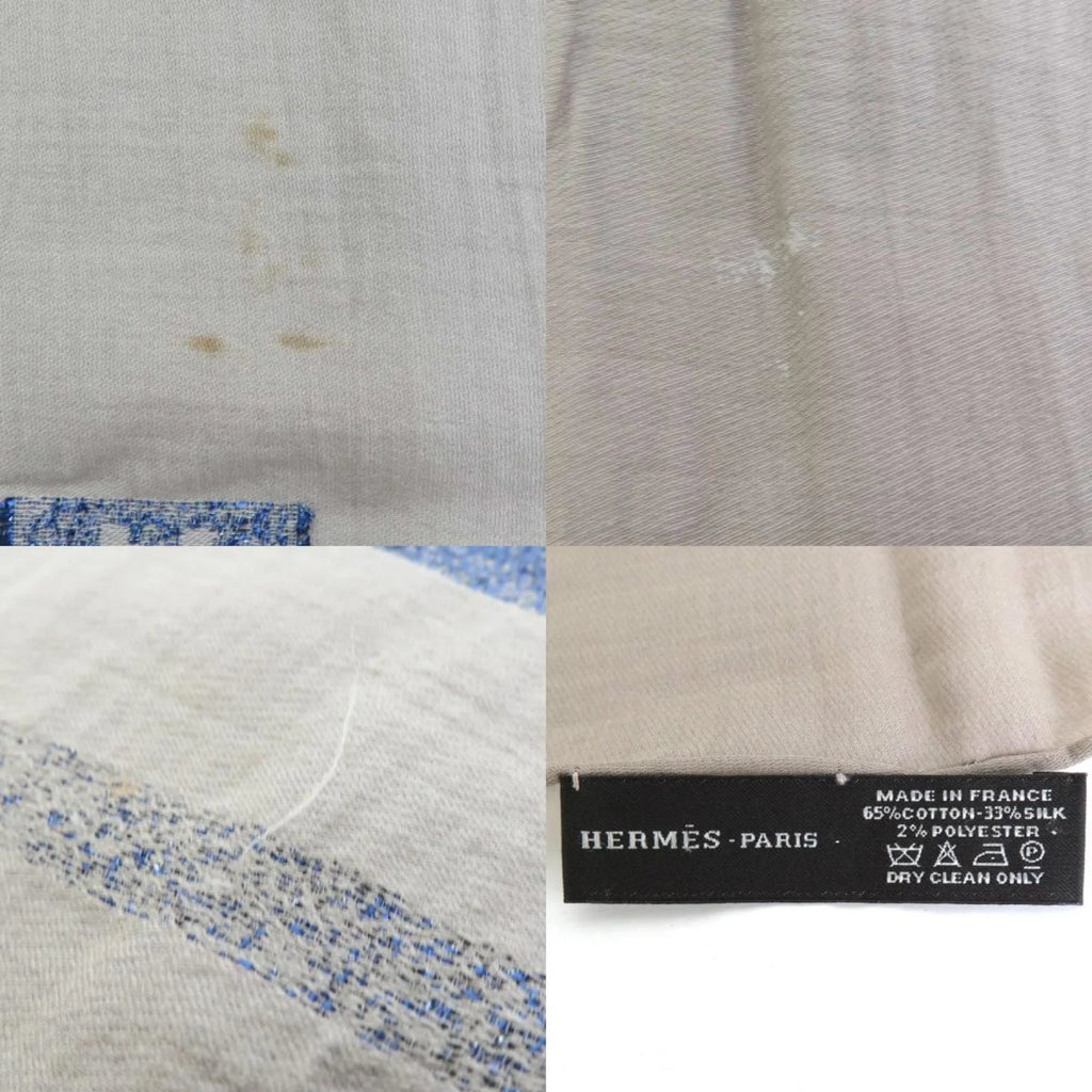 H Cotton/Silk/Polyester Pre-Owned Shawl Logo Greige/Blue (Good) Hermes Unisex Scarf e55881a