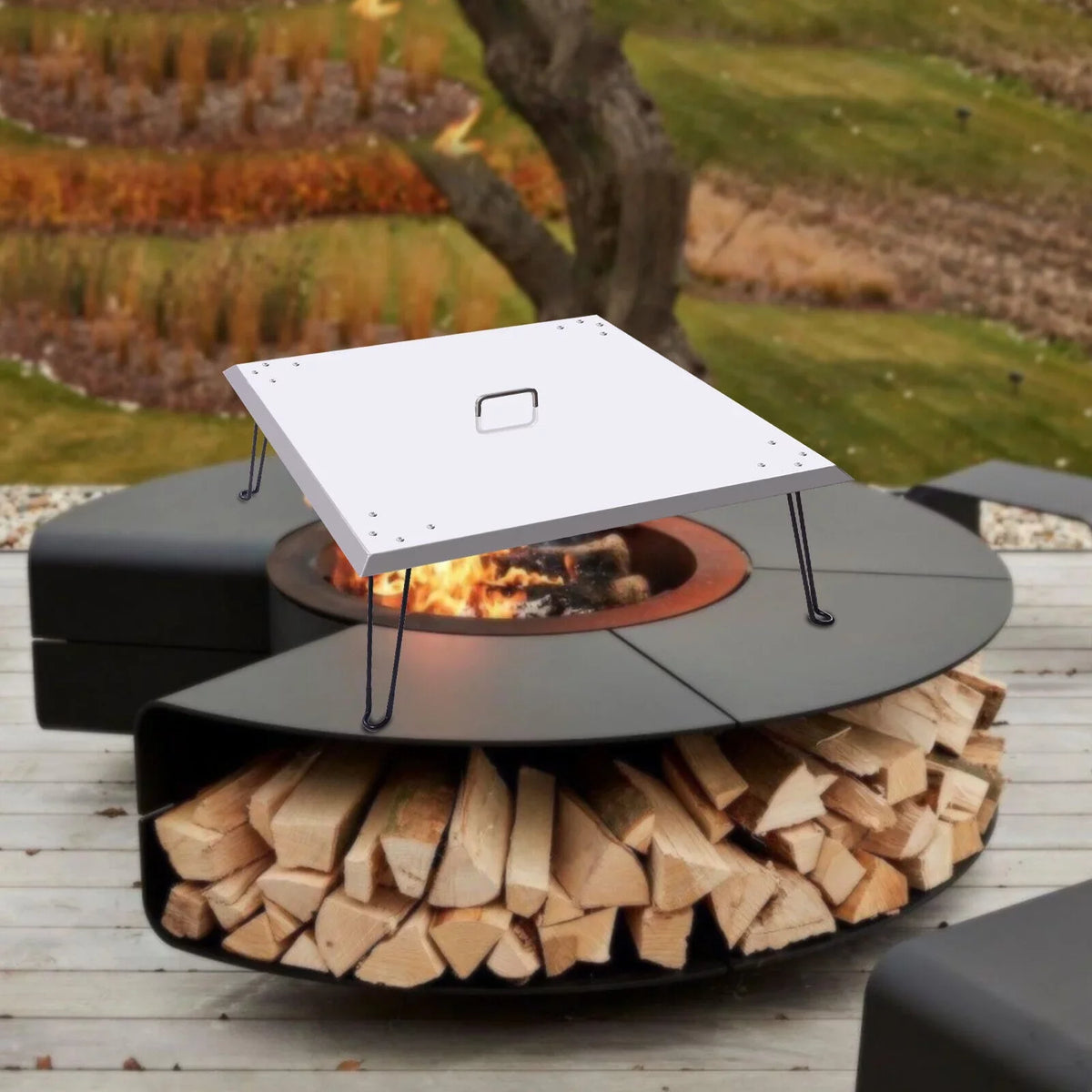 Foldable Miumaeov 24*24in Shield with Deflector Fire Down Pit Heat and to Pit Burner Push Legs Out Steel Heat Fire Stainless Square
