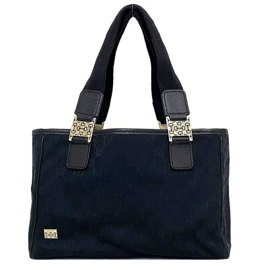 Ladies (Good) Pre-Owned Horsebit Tote Black Bag Handbag Gucci Silver Leather 145810 Canvas