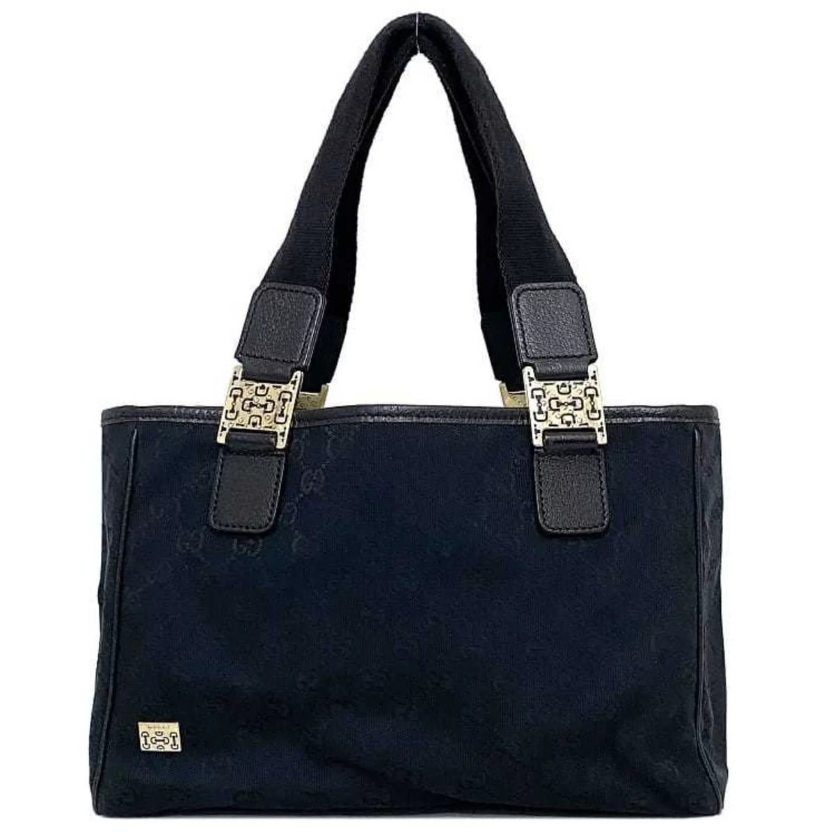 Ladies (Good) Pre-Owned Horsebit Tote Black Bag Handbag Gucci Silver Leather 145810 Canvas