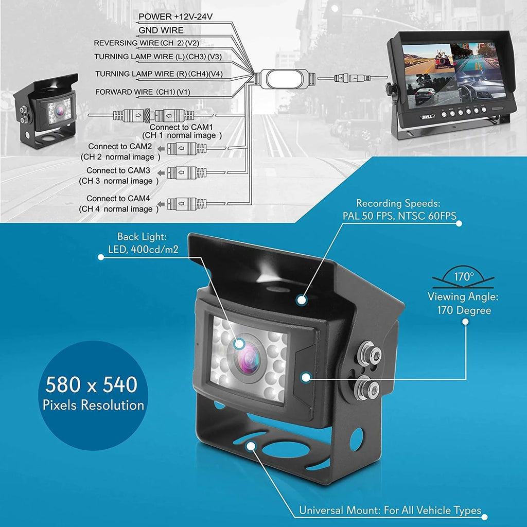 Car PLCMTRDVR47 Recorder, Rearview - w/ Up 9 Vision, Backup Pyle Night View - Mount Universal Kit Parking Back Monitor, System Reverse Rear Vehicle Dual Video Tilt-Adjustable, Truck Camera