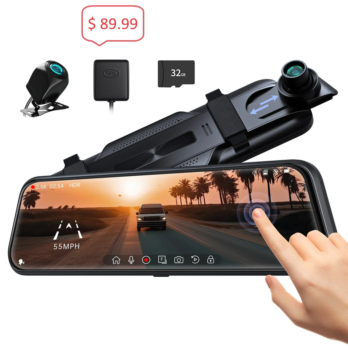 with Monitor Cars&Trucks, Mirror Camera Mode, Parking 32GB 24H include Cam, and 10" Vision, Driving Free Pelsee Rear View Voice for Card Dash w/ Assistant 2.5K Control, Smart Mirror Night