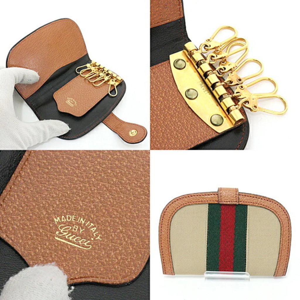 Key Old 6 (Good) Rows Web Sherry Stripe Beige Line Canvas/Leather Case Gucci Green/Red/Green Pre-Owned