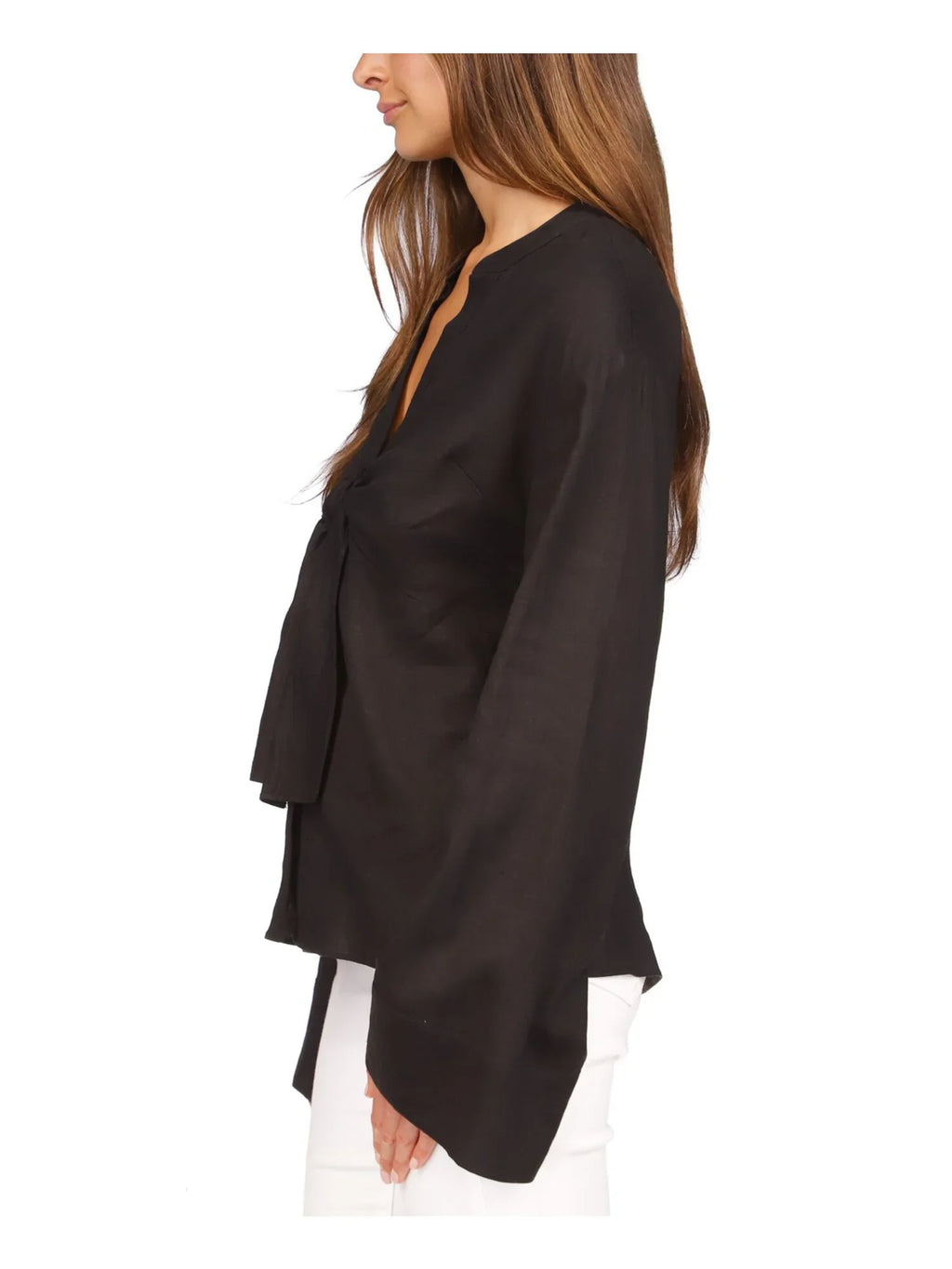 Split Sheer Top Bell Hem Womens Waist Unlined Black Button M Tie Curved Sleeve Up