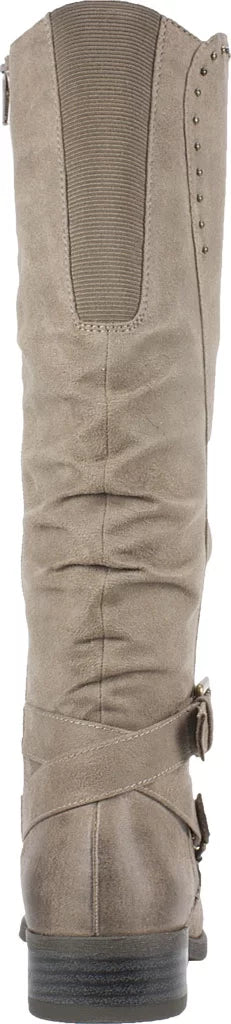 Womens M Accent Boot Beige Gore Liona Riding Round Cushioned 5 Wide Stretch Toe Buckle Ruched Zip-Up Studded Calf Block Heel