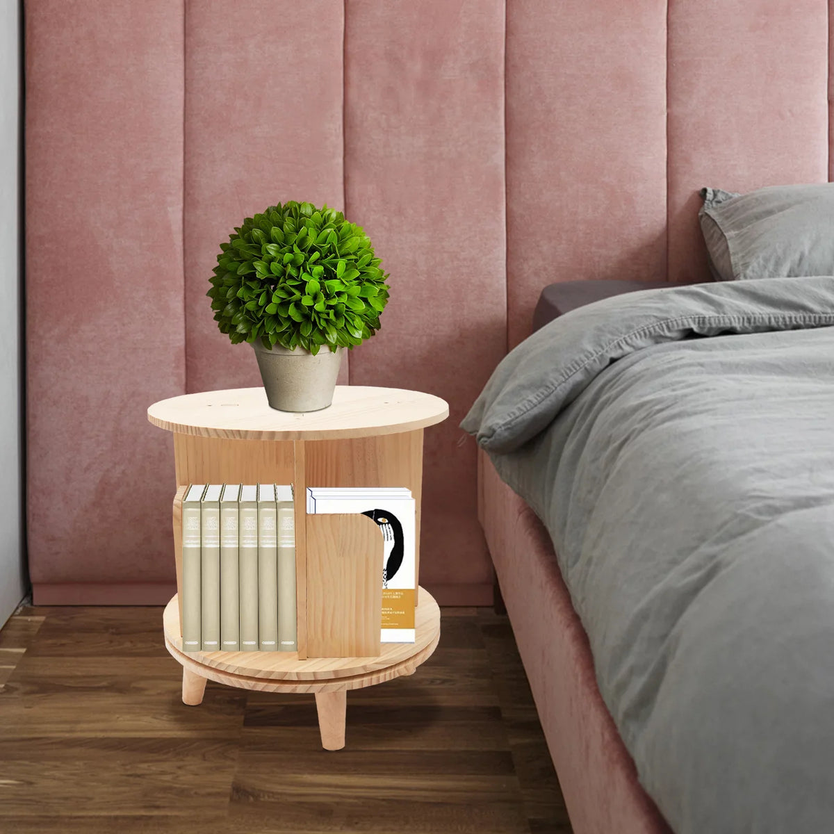 Bookshelf Bedside Standing Wooden Organizer Table Rack Stand Bookcase Floor Storage Rotating Night