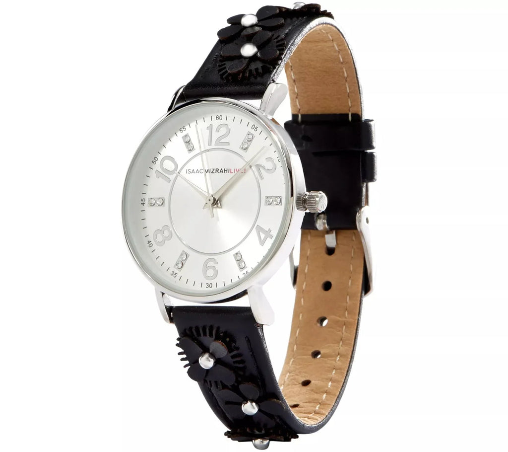 Strap 5"-7-1/4" Leather Black Isaac Watch Live Floral SilverTone Mizrahi