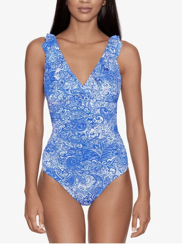 Tummy-Control Printed One-Piece Lauren Ralph Ruffled Swimsuit