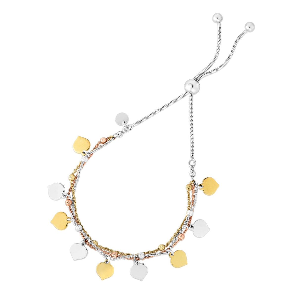 9.25" Draw Charm Dangle Tri-Color Jewelstop Friendship Polished with String Finish - Bracelet Sterling Silver