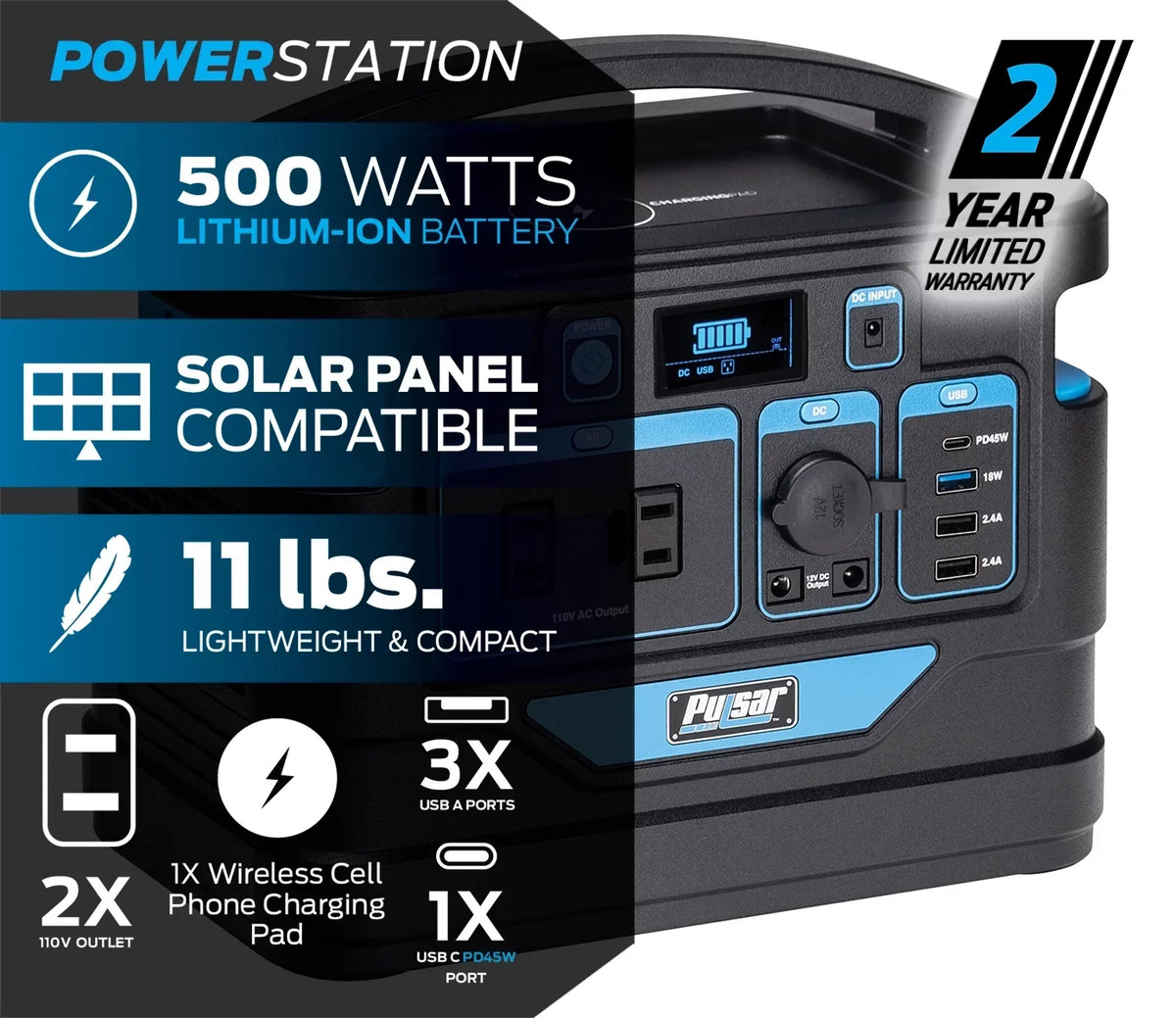 Pulsar Display with Wireless Station Lithium-Ion (518Wh and 500 Watt Portable Power Capacity) Charging Pad
