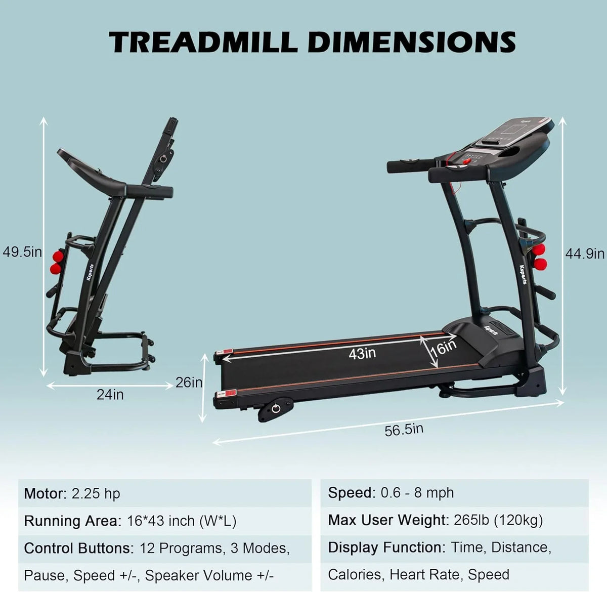 Treadmill Display, Portable With Inch Foldable Apps Equipment, Connectivity, For Home Black Bluetooth Gym And Fitness Tracking 16.5