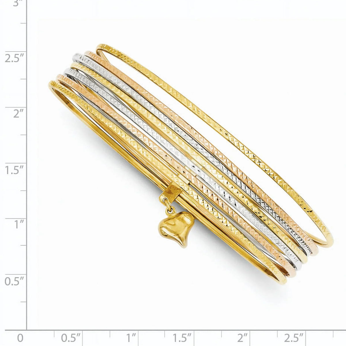 Slip-on 14K 7 Heart Set Tri-color Textured Beautiful w/Dangle of Bangles