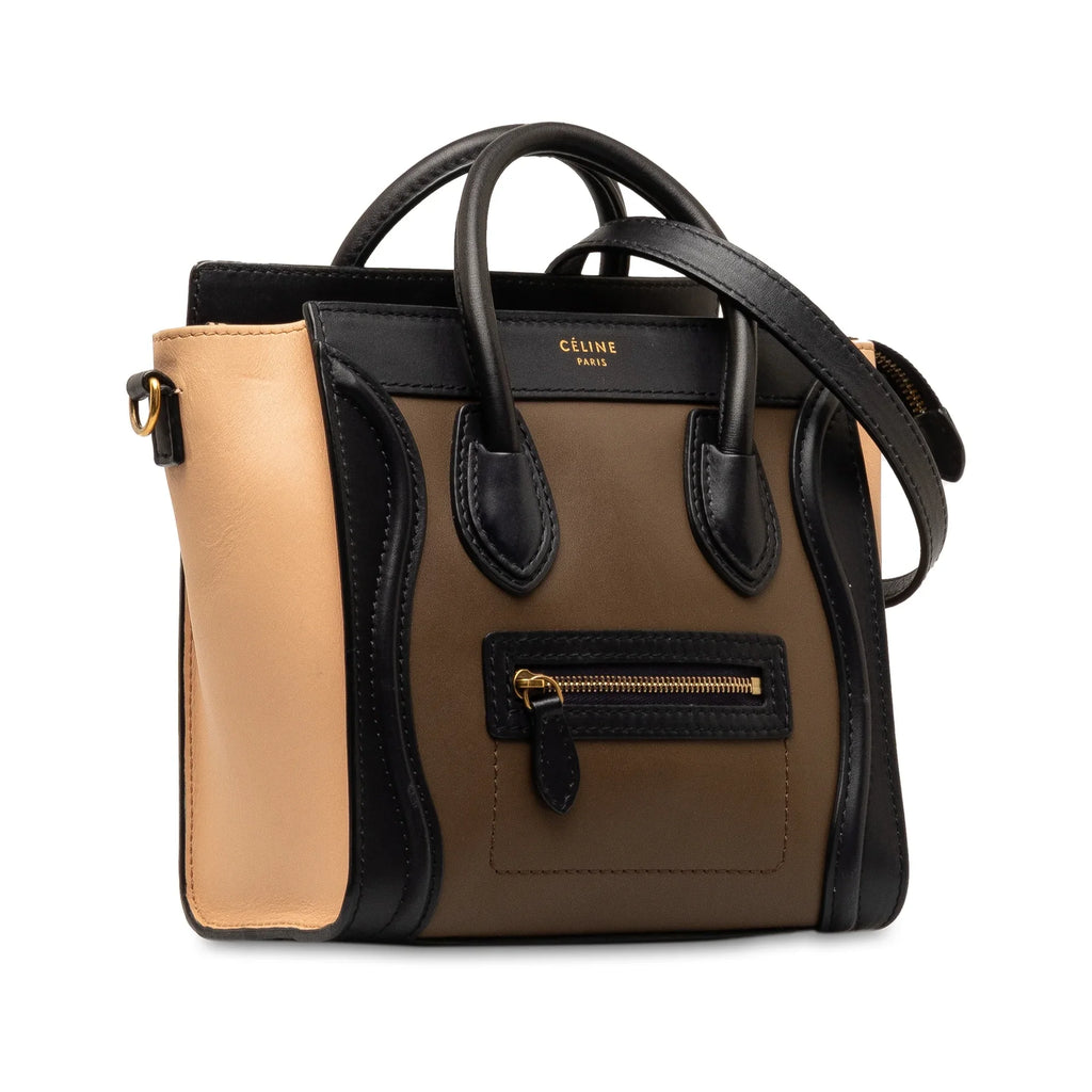 Calf Satchel Authenticated Pre-Owned Luggage Tricolor Tote Leather Brown (Good) Unisex Celine Nano