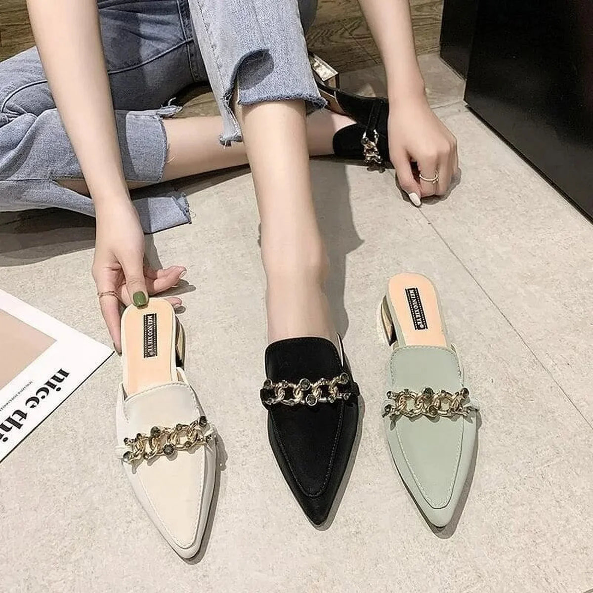 Square Slides Heels Fashion Shoes black Slides Shoe Summer Low Ladies Square Women Toe Mules Luxury Chain Slippers 37 Footwear 2023