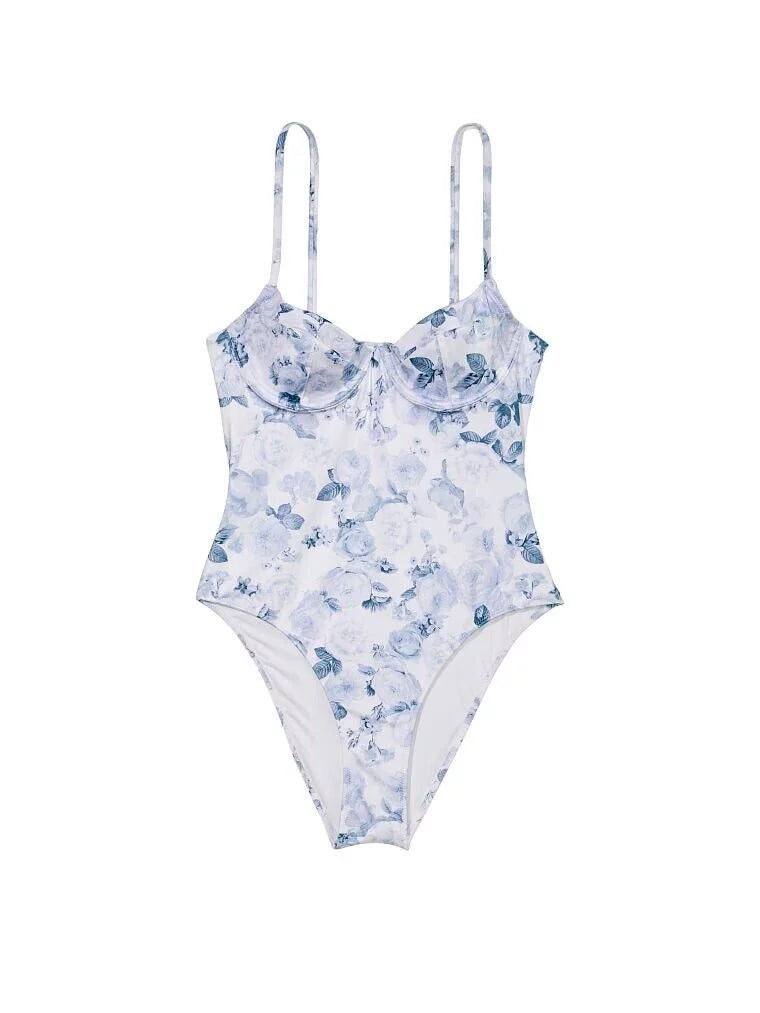 Wicked Piece Blue Secret New White Toile M/L Swimsuit Victoria's 1 Essential Rose