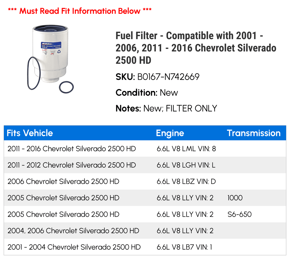 2001 Chevy 2013 2500 - Silverado Fits 2003 2002 2016 2005 2015 2004 2011 - 2006, Filter 2014 - with 2012 Fuel