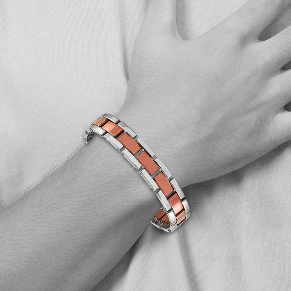 The Tungsten Men's 8.25 Bow Plated Panther Polished Brown Bracelet, In Link & Black