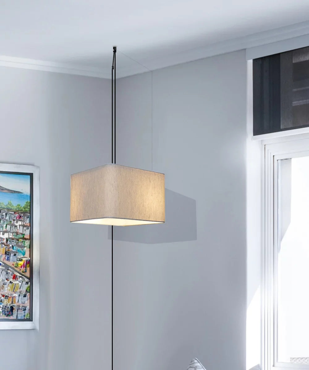 Light Black Square Corner 14"w Drum Plug-In Oatmeal 1 Shade, Cord Pendant Rounded Swag