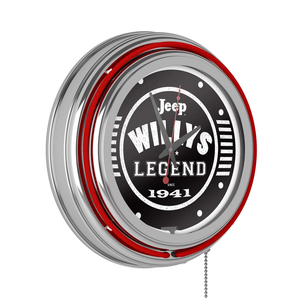 Black Garage, Double or Man Wall Accessories Clock-Jeep Pull Chain-Pub, Clock Cave Willys Legend Analog with Neon (Red) Rung