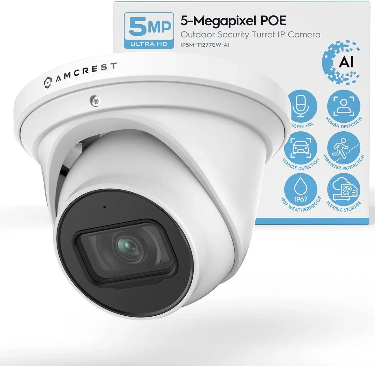 129° & Turret , Built-in Microphone, Human 164ft Nightvision, Security IP5M-T1277EW- 5MP@20fps Camera Amcrest w/ PoE Camera Detection, Vehicle Outdoor,