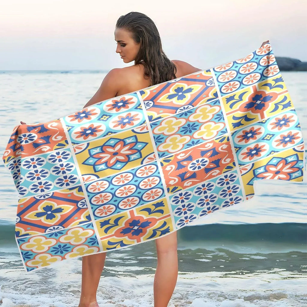 Bestwell Oversized Talavera Multipurpose Lightweight Bath Dry Towel Tiles Towel, Shower Blanket, Yoga 31”X71” Microfiber Mexican Style Towel Beach Sand Free Quick Thin Towel Pool Swim