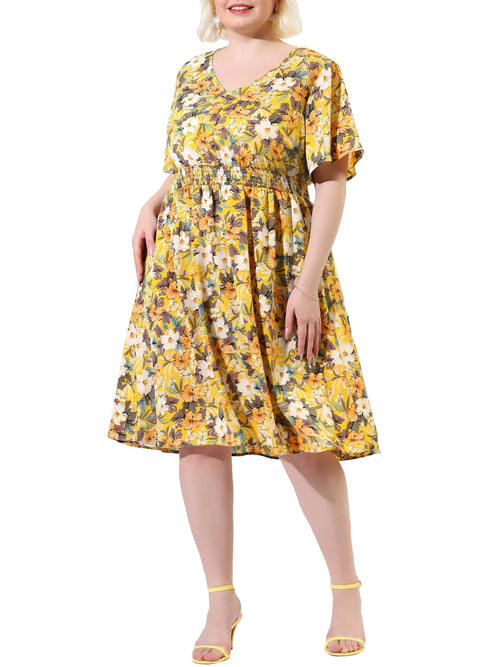 3X Plus Print V Neck Yellow Casual Sleeve Midi Juniors' Dress Flare Floral