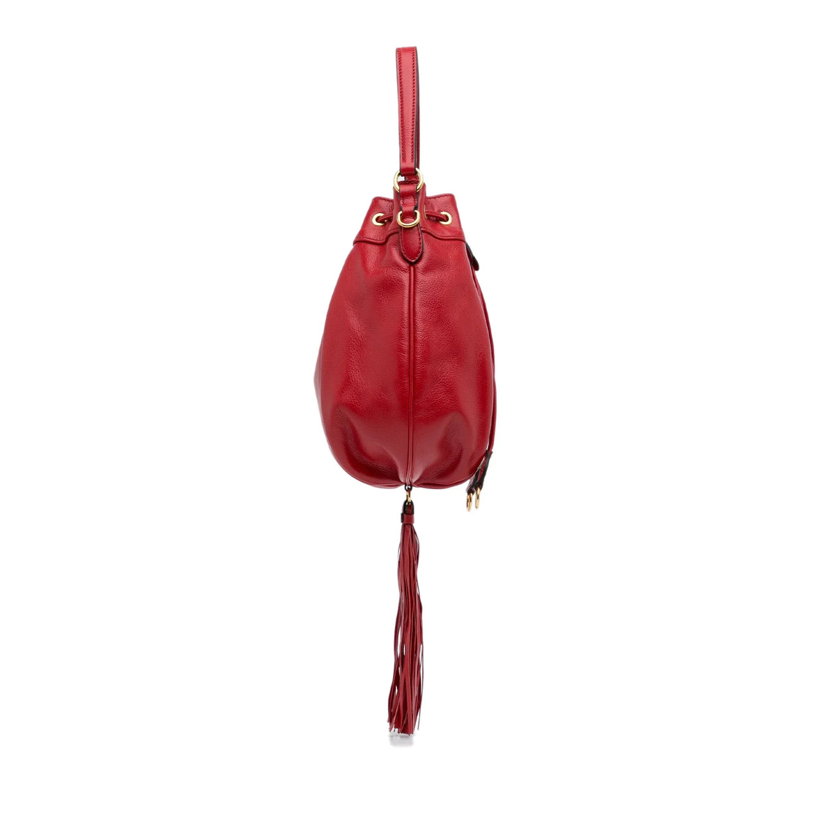 Miu Unisex Bucket Leather Accent Bag Pre-Owned (Good) Red Calf Tassel DrawstringBag Authenticated Miu