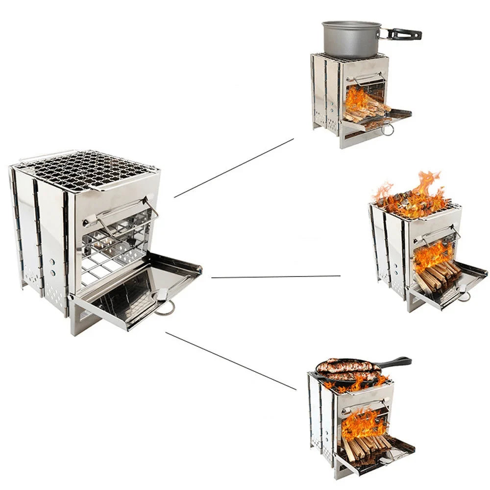 Stove Portable Stainless Backpacking Lightweight For Burning Camping Folding Sturdy Cooking, Steel Picnic With Wood For Grill Camp Stove Wood Outdoor