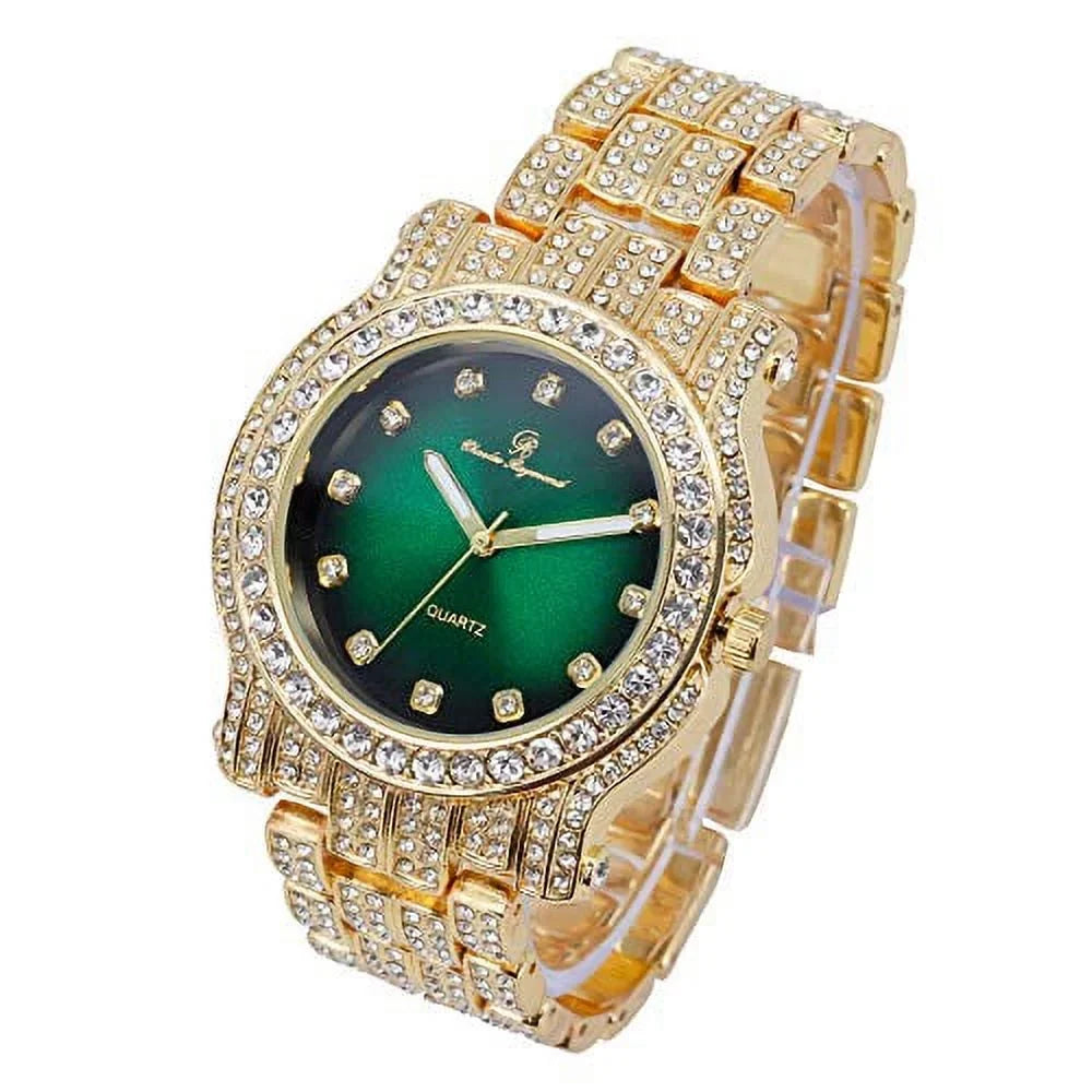 '- Money Round Watch w/Bling-ed Mens Green) Bracelet Out Gold Bling-ed Out Luxury (L0504DXB Silver