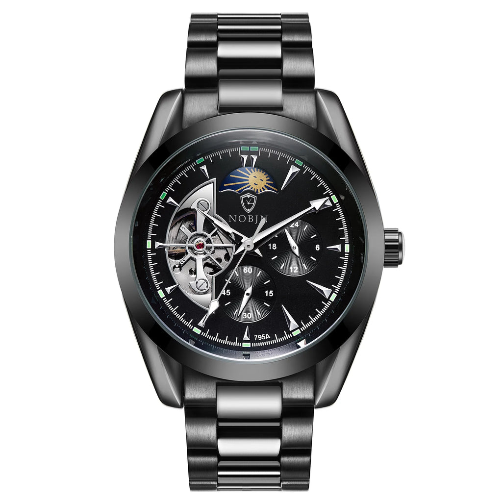 Tourbillon Moistureproof Watch Phase Stainless Black Men's Chronograph Mechanical Gift Automatic Gift Moon Band Face Steel Graduation Him Best Luminous for