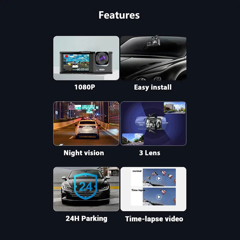 & Dash Recording 2 Rear Inside Recorder Loop Front Dashcam Camera Inch Driving Night-Vision version 1080P Lock Support Screen & One-Key Camera WiFi