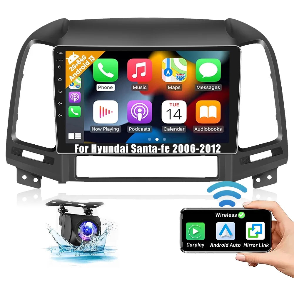 2006-2012 9'' Mirror Stereo Android Camera 13 2+64G Auto Car Android Santa-fe Link Carplay Hifi, Hyundai Backup Podofo for Wireless Bluetooth Radio
