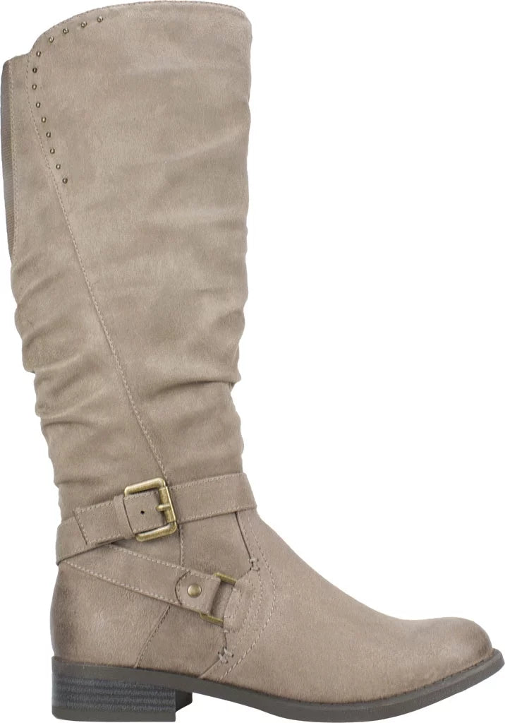 Womens M Accent Boot Beige Gore Liona Riding Round Cushioned 5 Wide Stretch Toe Buckle Ruched Zip-Up Studded Calf Block Heel