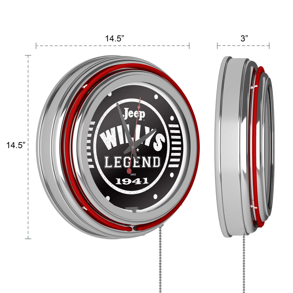 Black Garage, Double or Man Wall Accessories Clock-Jeep Pull Chain-Pub, Clock Cave Willys Legend Analog with Neon (Red) Rung