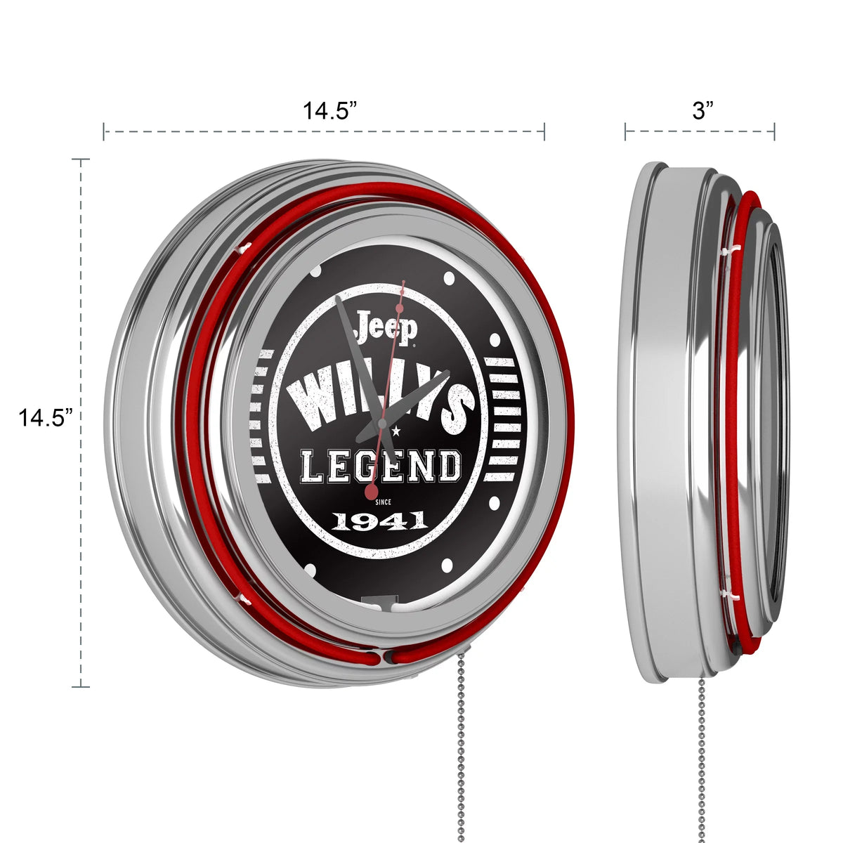 Black Garage, Double or Man Wall Accessories Clock-Jeep Pull Chain-Pub, Clock Cave Willys Legend Analog with Neon (Red) Rung